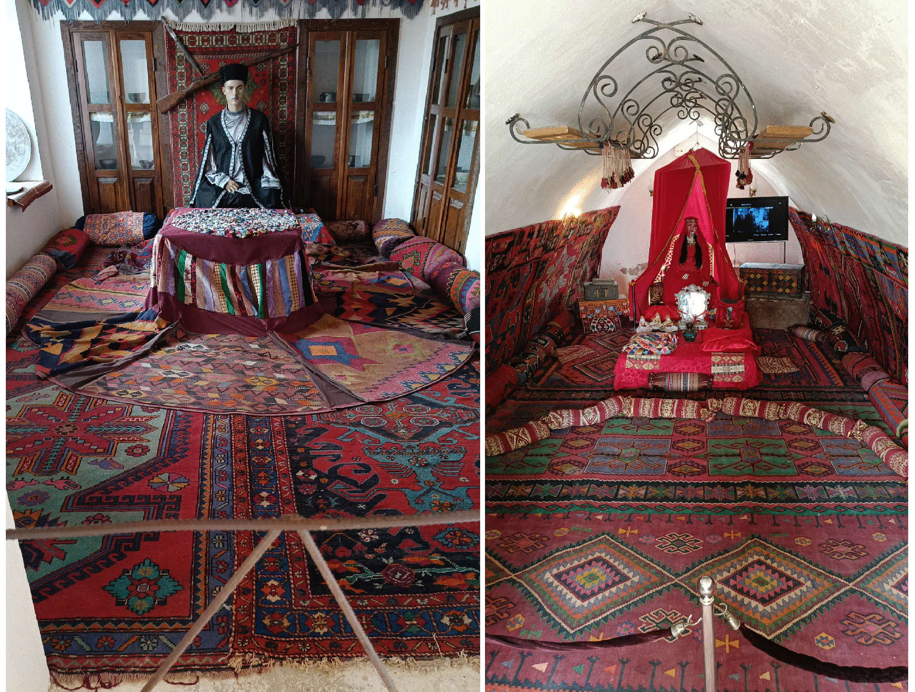 Two recreated traditional rooms with colorful patterned carpets and low seating. The left room includes a male mannequin in dark traditional clothing; the right shows a red bridal outfit beneath an ornate metal headboard.