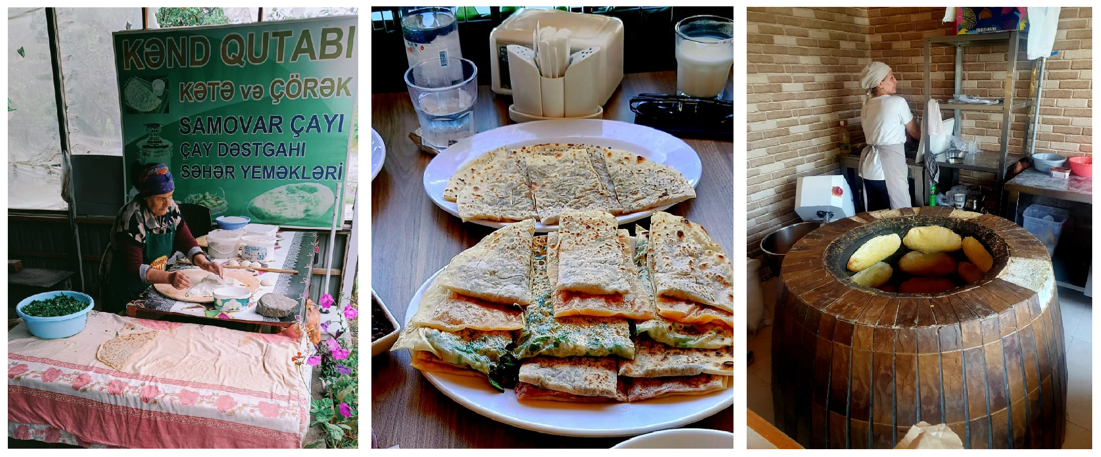 Three scenes of traditional Azerbaijani bread-making: a woman preparing qutab at a roadside stall, plates of folded qutab cut into wedges and served at a table, and a baker placing breads inside a round clay tandoor oven.