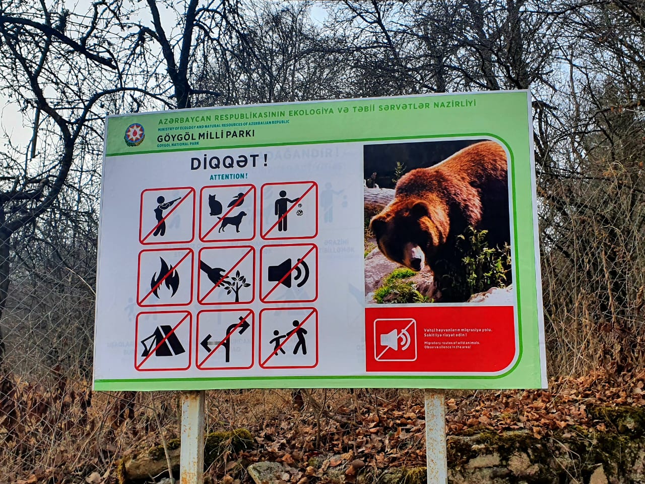 Göygöl National Park information sign displaying rules and bear warning, with Azerbaijani text 'GÖYGÖL MİLLİ PARKI' at top, nine prohibited activity icons, and photograph of brown bear on right side