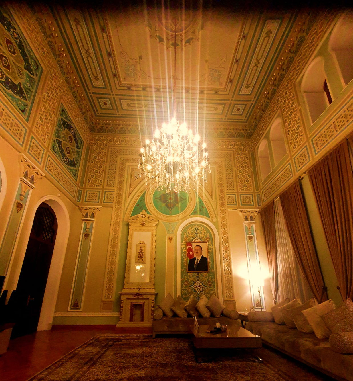Interior of the VIP lounge at Baku Railway Station, featuring elegant seating, chandeliers, and traditional Azerbaijani hospitality