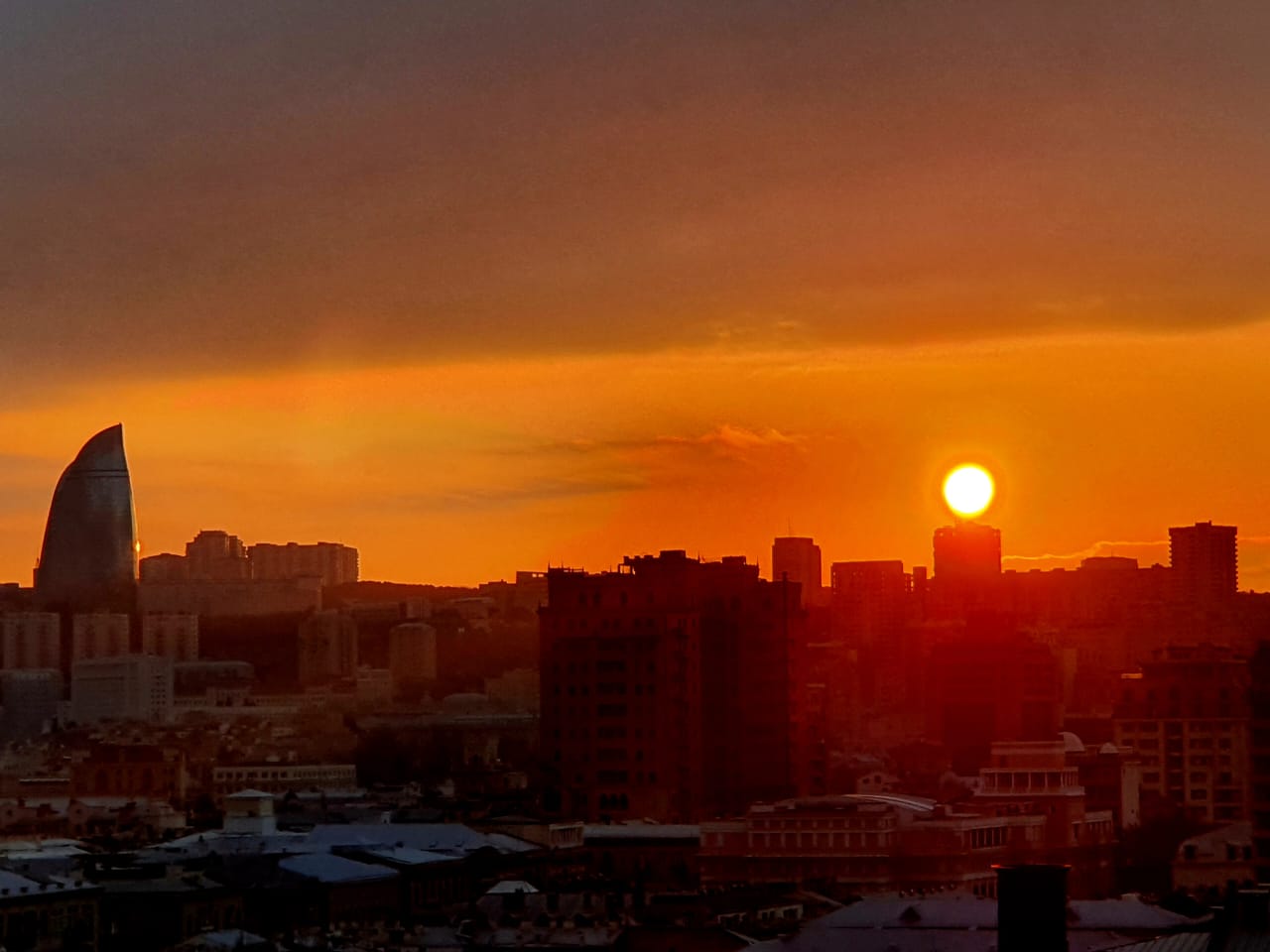 Sunset over Baku, Azerbaijan, showing the city skyline