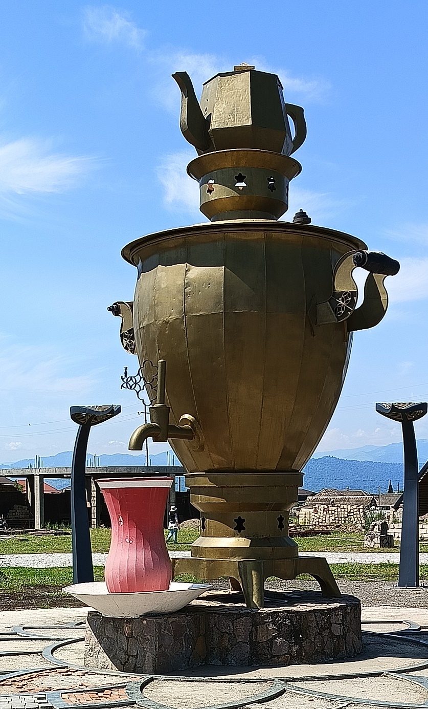 A giant samovar statue at the entrance to Lankaran, Azerbaijan, symbolizing the region's tea culture
