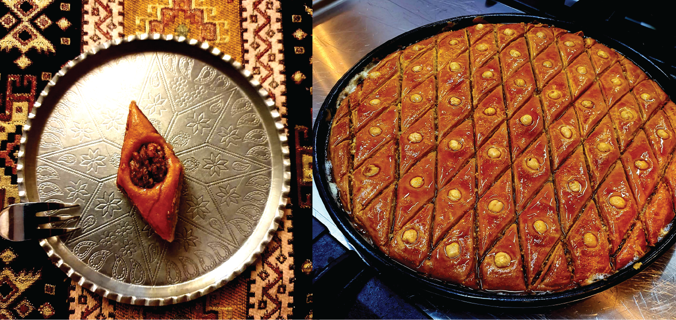 Assortment of traditional Azerbaijani snacks and sweets displayed together, including nuts, dried fruits, and confectionery items typical of tea service