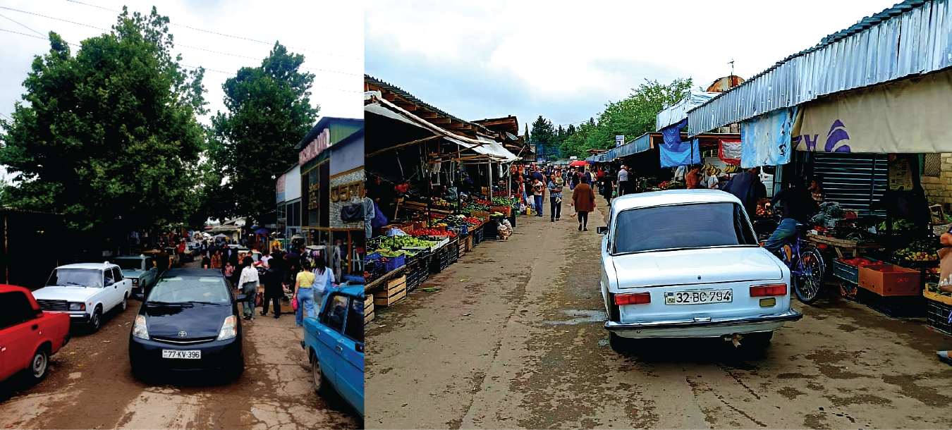 Bustling local market in an Azerbaijani village, with vendors selling a diverse array of goods from fresh produce to hardware and car parts