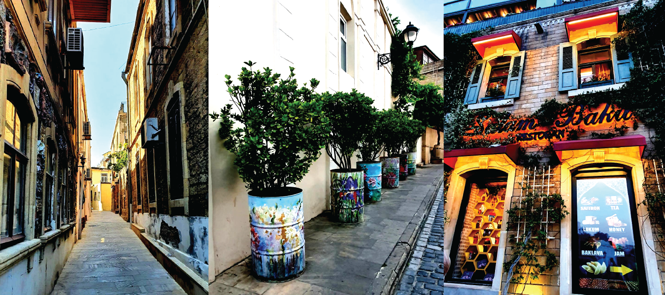Three views of Icherisheher in Baku: a narrow stone-paved alley between tall old buildings, a lane lined with painted barrel planters and small trees, and the illuminated entrance of a café in a traditional stone building.