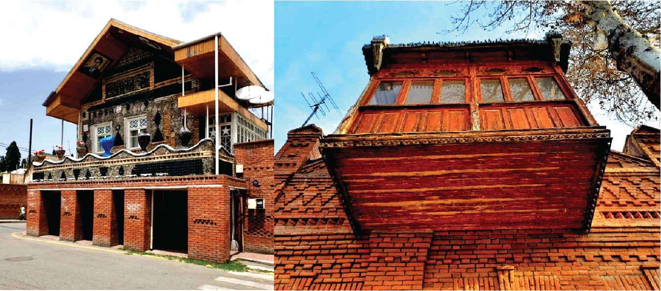 Two photographs of houses in Ganja. On the left, a brick house has an upper storey decorated with rows of glass bottles and a wooden roof extension. On the right, a weathered wooden enclosed balcony projects above an ornate red-brick wall.
