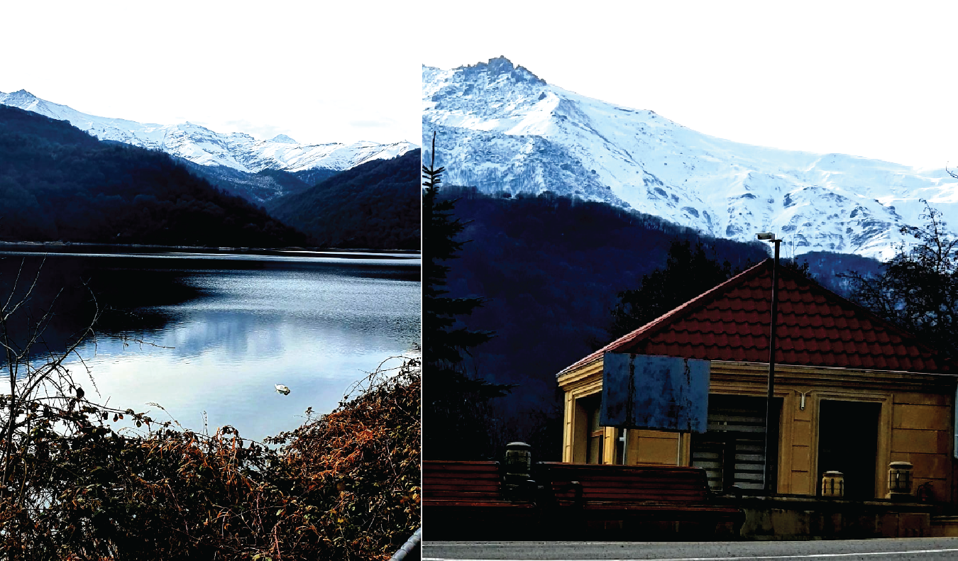 Two winter photographs at Lake Göygöl. On the left, a calm dark-blue lake reflects snow-covered mountains and forested slopes. On the right, a small yellow building with a red tiled roof stands before a large snow-covered mountain.