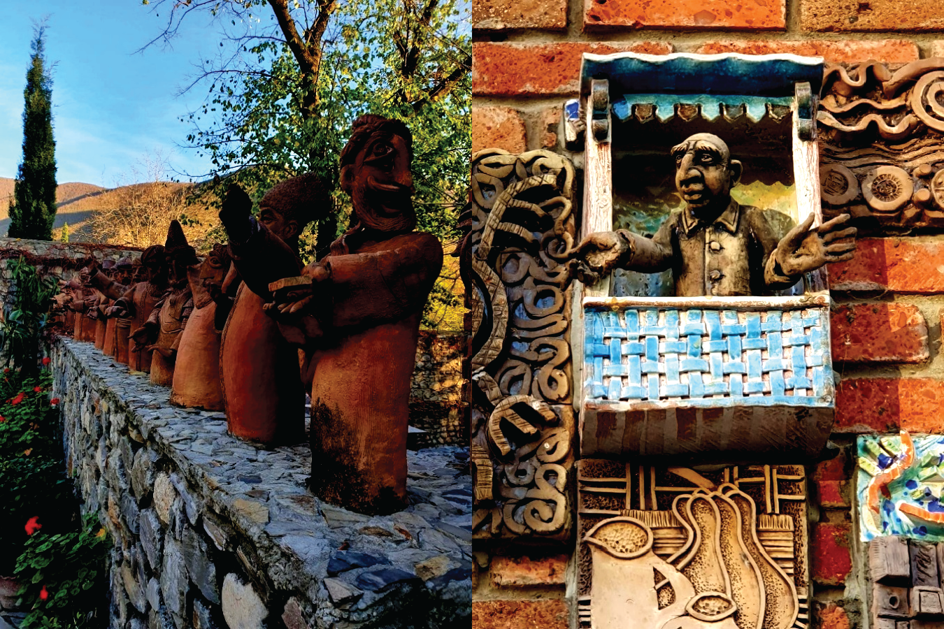 Two photographs of decorative ceramic art at an Azerbaijani winery: a row of tall brown clay sculptures of stylised human figures along a stone wall, and a colourful ceramic relief of a man leaning from a small blue balcony surrounded by patterned tiles.