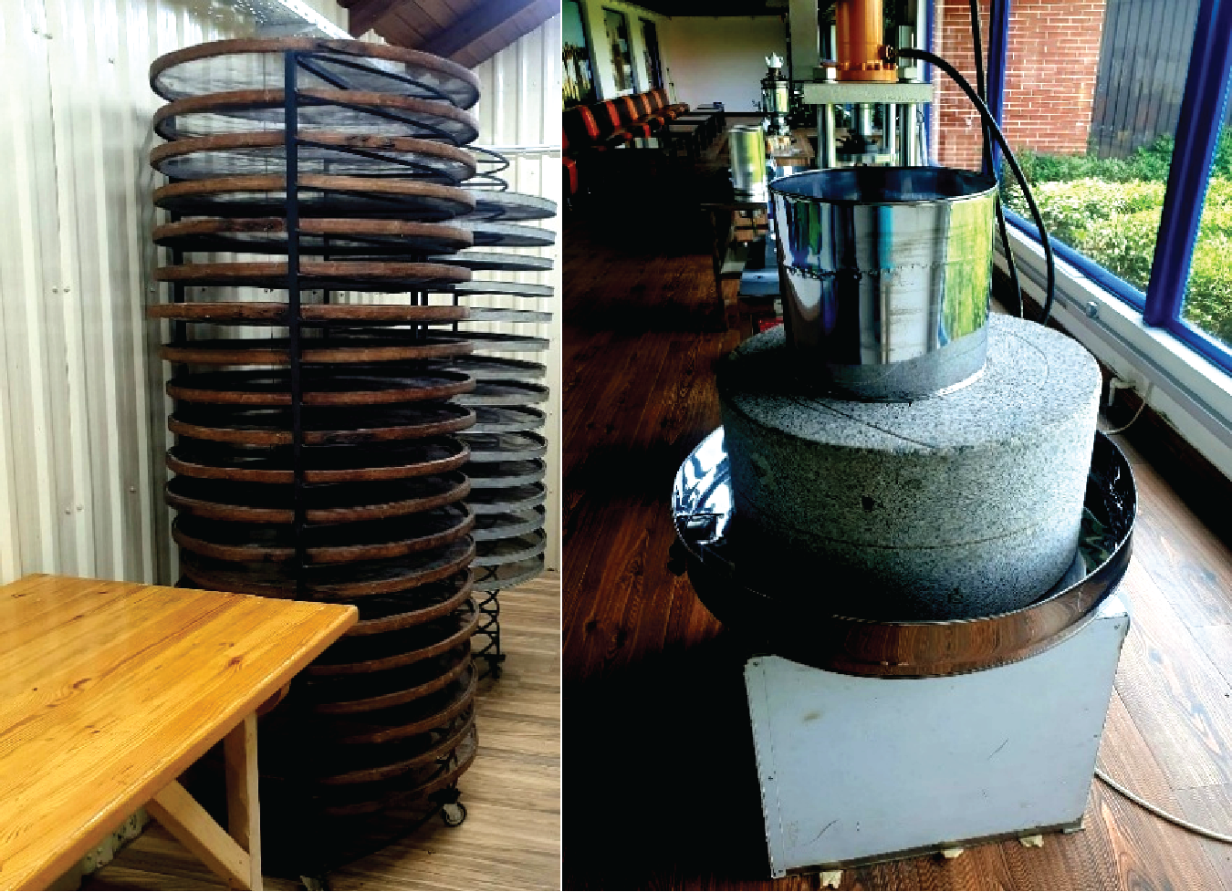 Two pieces of tea-processing equipment indoors: a tall wheeled rack holding many circular wooden drying trays for tea leaves, and a round stone-and-metal machine used for grinding or milling processed tea leaves.