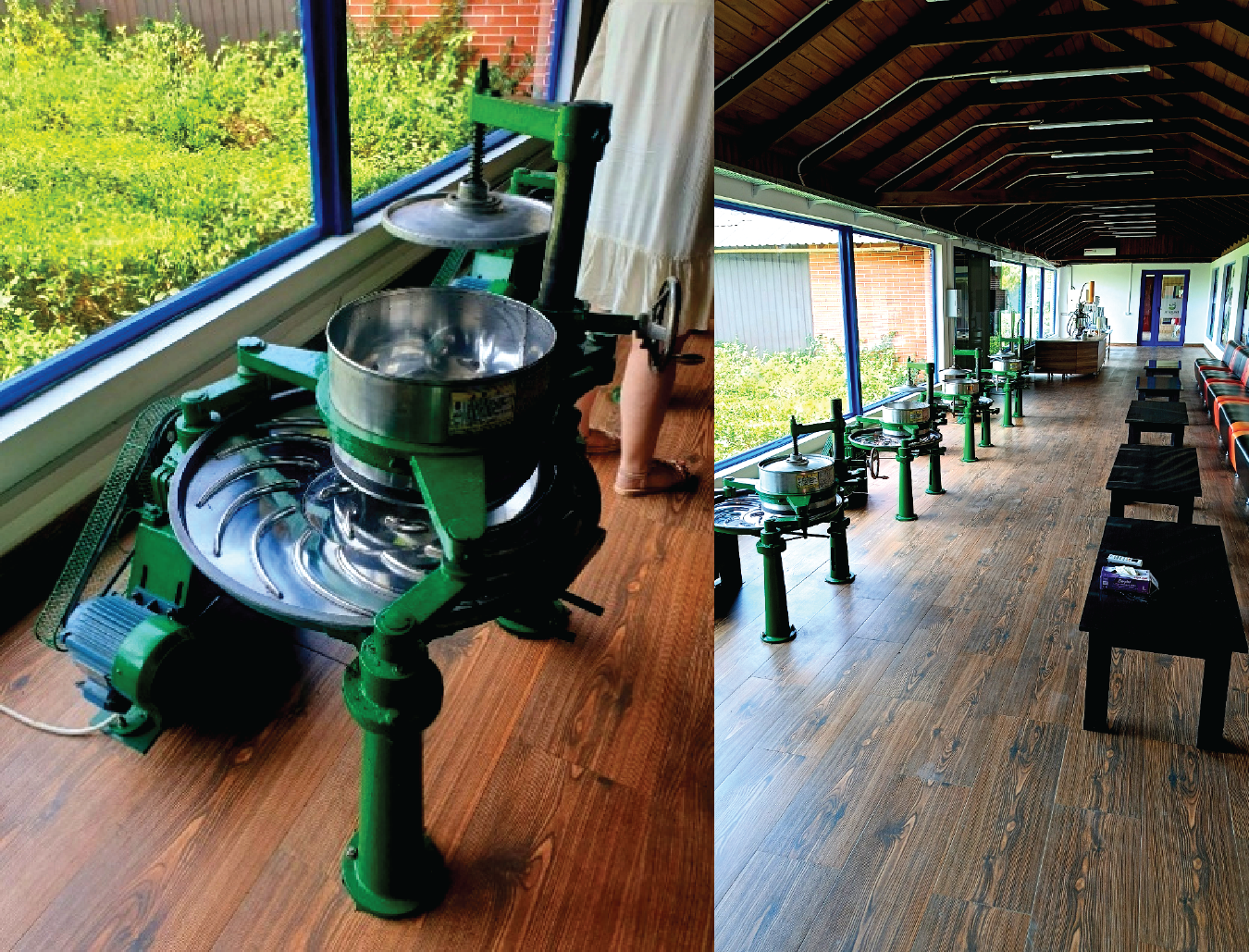 Two photographs of a tea-processing area: a green metal machine with a circular metal tray beside a window, and a long covered room containing a row of matching green machines and stools.