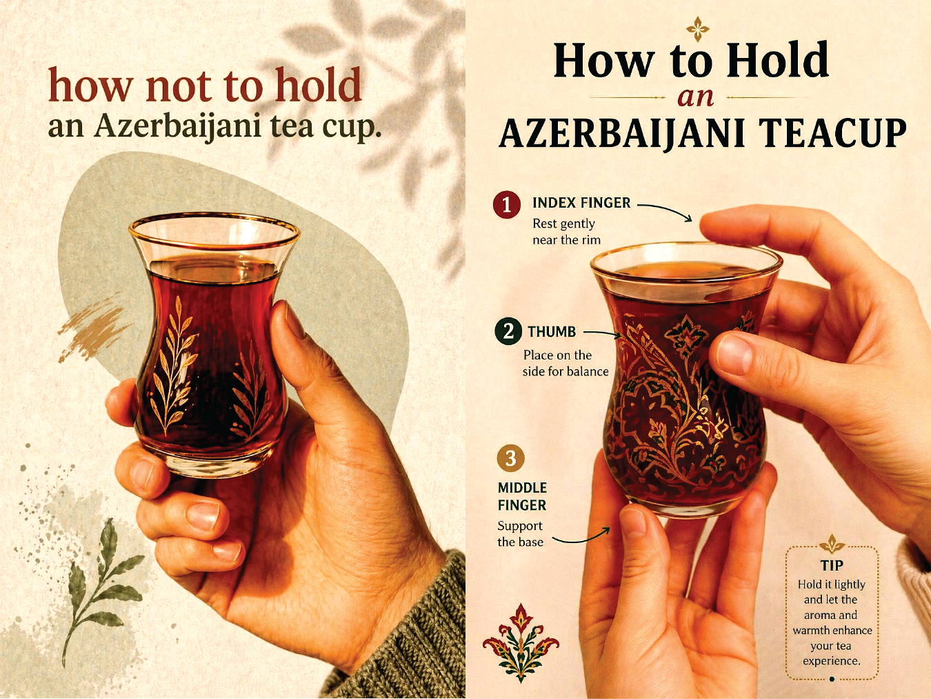 Infographic titled “How to Hold an Azerbaijani Teacup.” The left panel shows an incorrect grip on a small glass of tea; the right panel labels the recommended finger positions for holding the decorated tea glass safely.